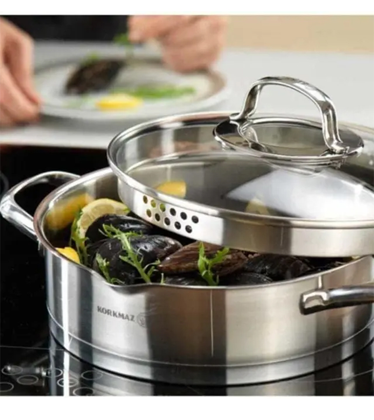Korkmaz Steamer Pot – 8-Piece Stainless Steel Set - A1999 - Image 2